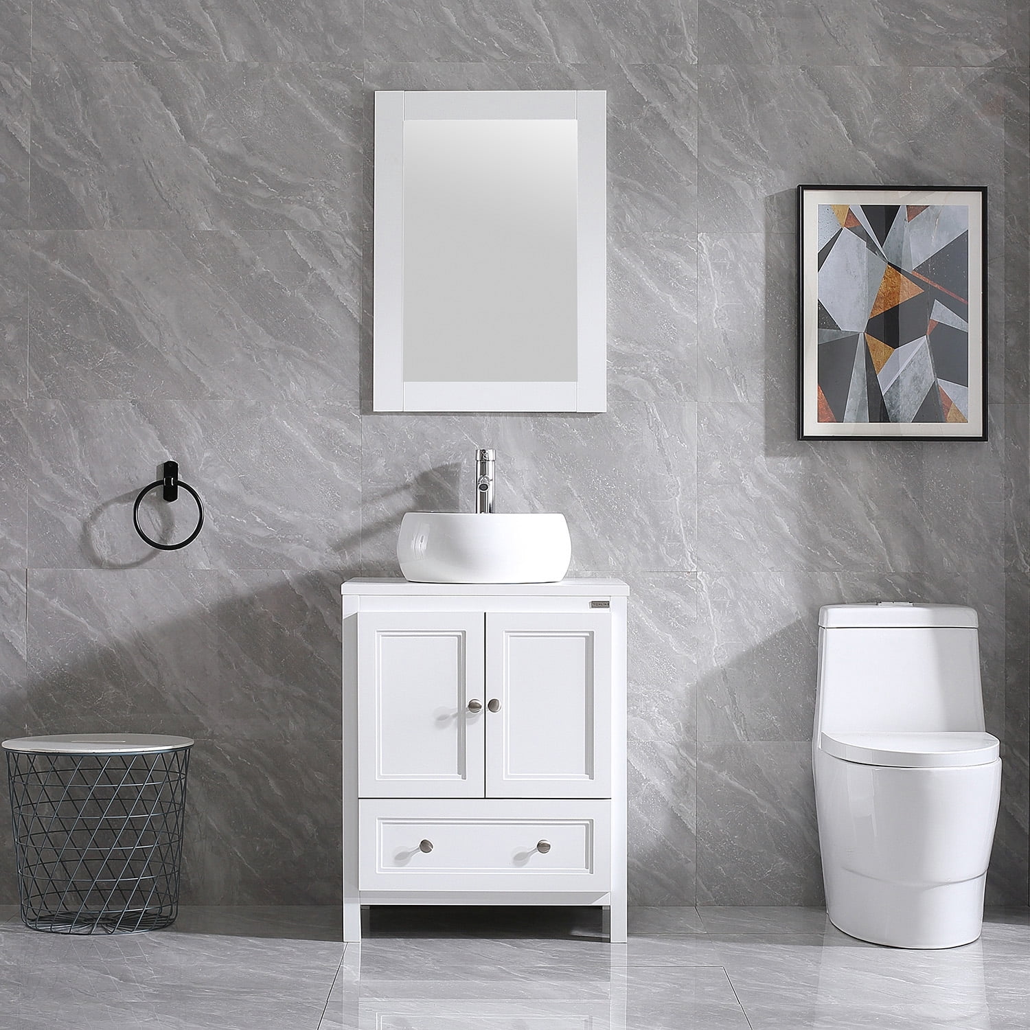 Wonline 24" Bathroom Vanity Ceramic Vessel Sink Counter Top Cabinet Chrome Faucet Pop-up Drain ...