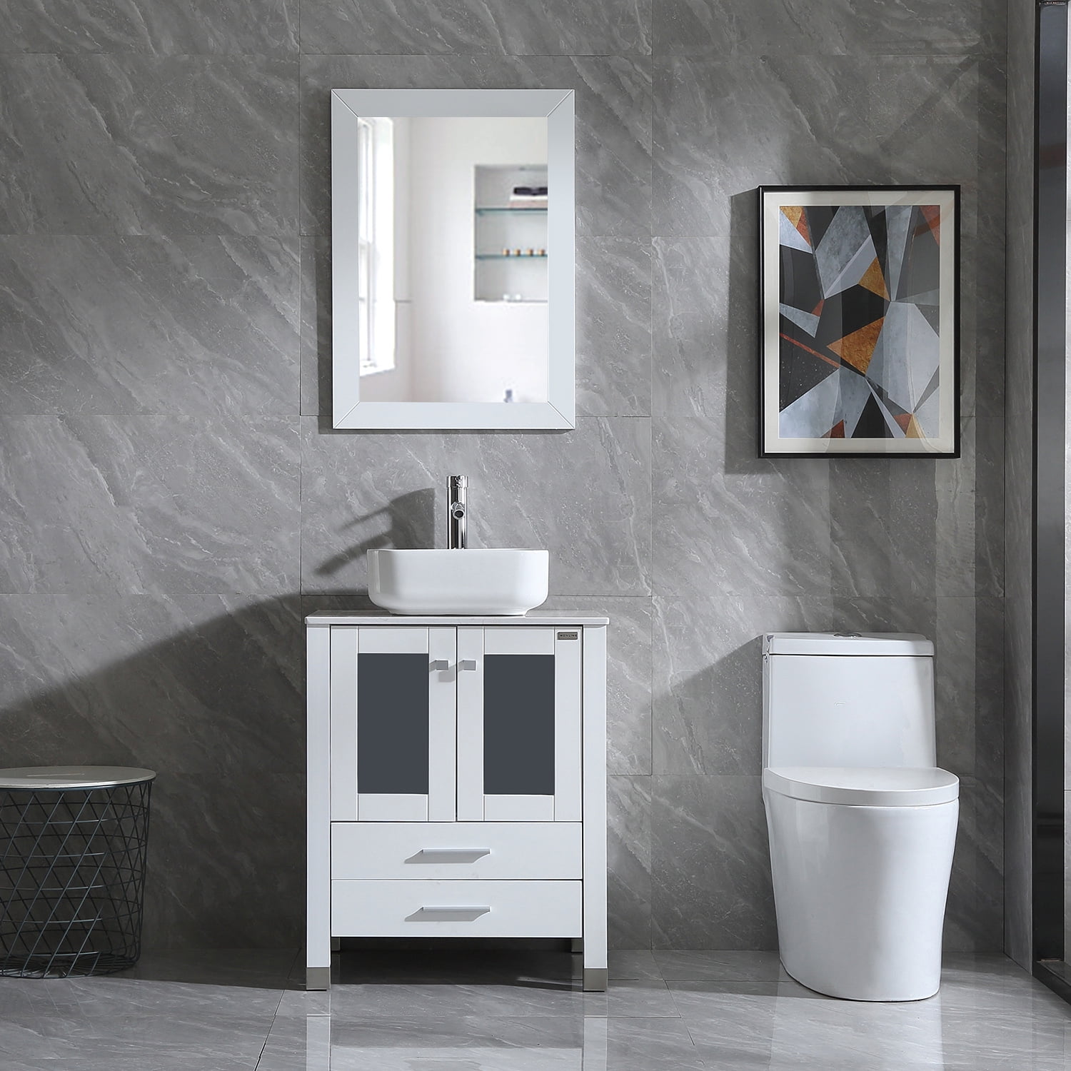 Wonline 24" Bathroom Vanity White Cabinet w/ Modern Sink Faucet Combo&Glass Top