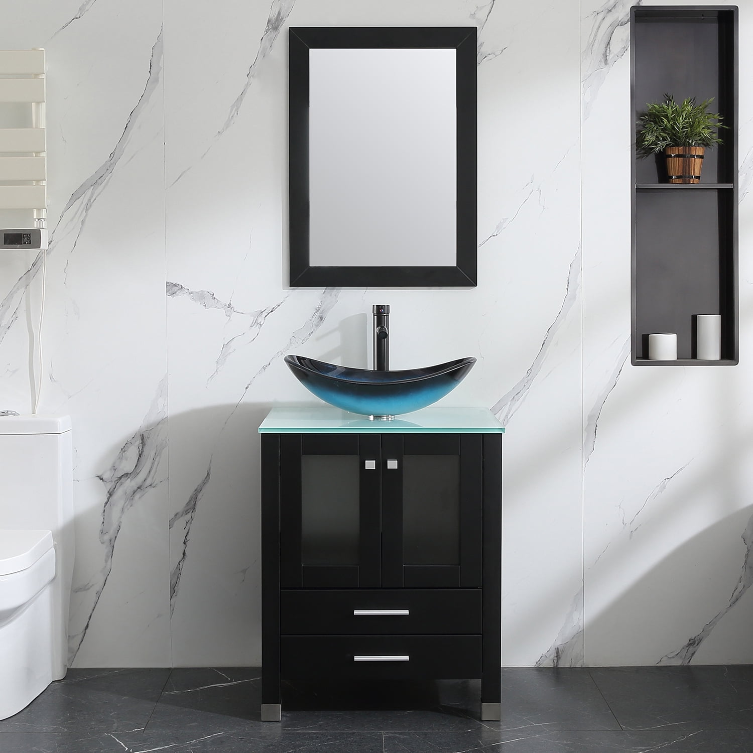 Wonline 24" Black Bathroom Vanity Cabinet with Tempered Glass Vessel ...