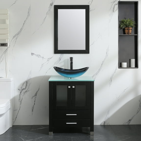 Wonline 24" Black Bathroom Wood Vanity Cabinet & Tempered Glass Vessel Sink Bowl + Faucet /Drain
