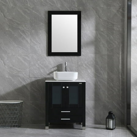Wonline 24" Luxurious Bathroom Vanity and Sink Combo Wood Cabinet Top Round Ceramic Vessel Sink Faucet Drain Combo with Mirror Vanities Set,Black