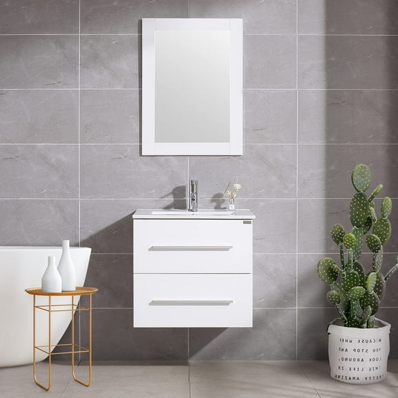 Wonline 24" Wall Mounted Bathroom Vanity with Sink, White Cabinet with Two Drawer and Mirror Chrome Faucet