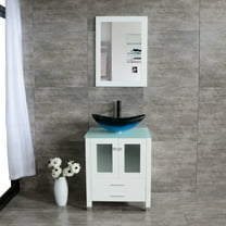 Wonline 24" White Wood Bathroom Vanity Cabinet with Mirror, Glass Sink & Oil rubbed bronze Faucet Pop-up Drain Combo