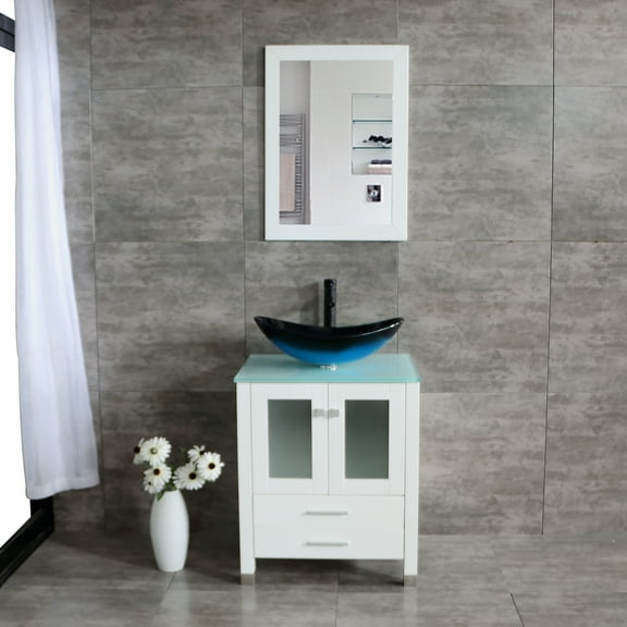 Wonline 24" White Wood Bathroom Vanity Cabinet with Mirror, Glass Sink & Oil rubbed bronze Faucet Pop-up Drain Combo