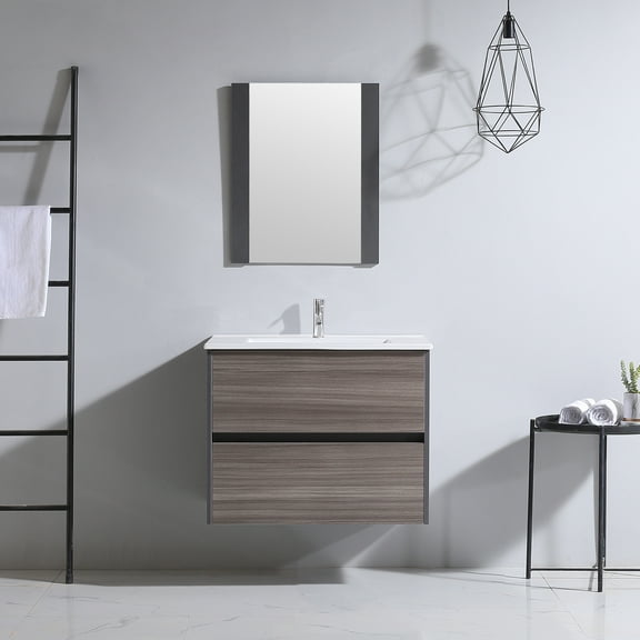 Wonline 24 inch Wall Mount Bathroom Vanity with Drop-in Sink Floating Style Cabinet with Mirror Brown