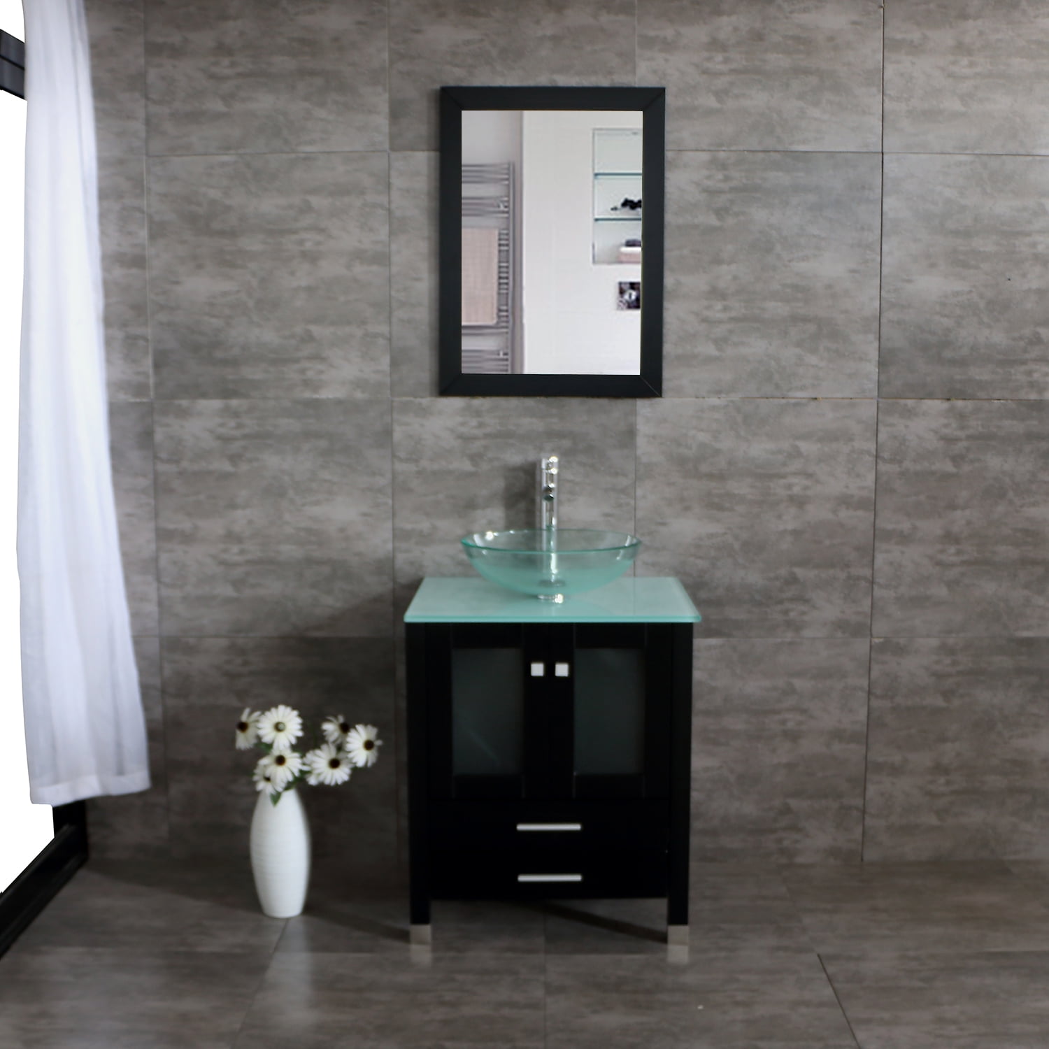 Wonline 25" Single Bathroom Vanity Cabinet Solid Wood w/ Glass Sink Faucet Mirrors