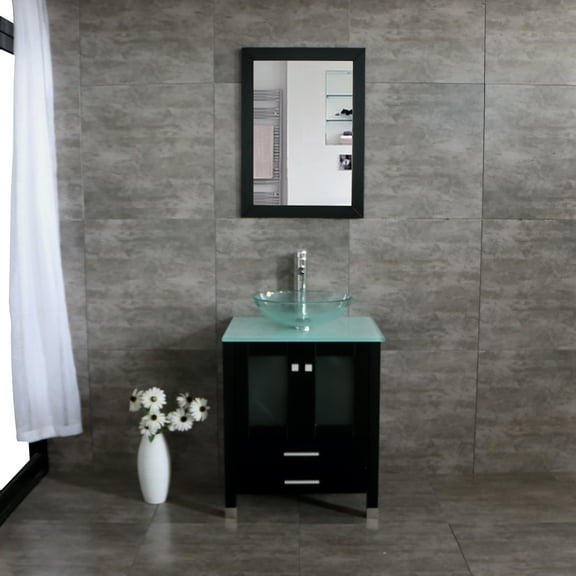 Wonline 25" Single Bathroom Vanity Cabinet Solid Wood w/ Glass Sink Faucet Mirrors