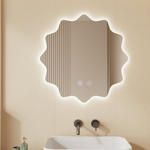 Wonline bathroom vanity mirror,28" X 28" Frameless Polygonal Round Vanity Mirror with LED-Lights, 1 Count Decor