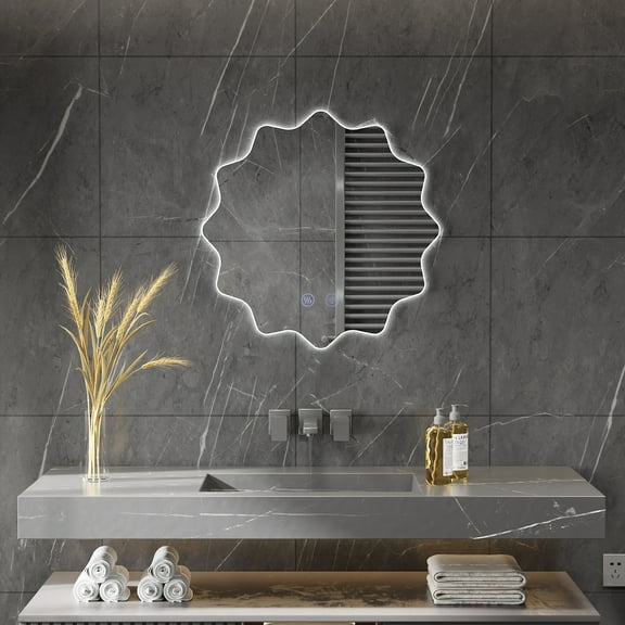 Wonline 28" X 28" Wall Mounted Bathroom Mirror with LED-Lights,Frameless Polygonal Round Bathroom Vanity Mirror Decor