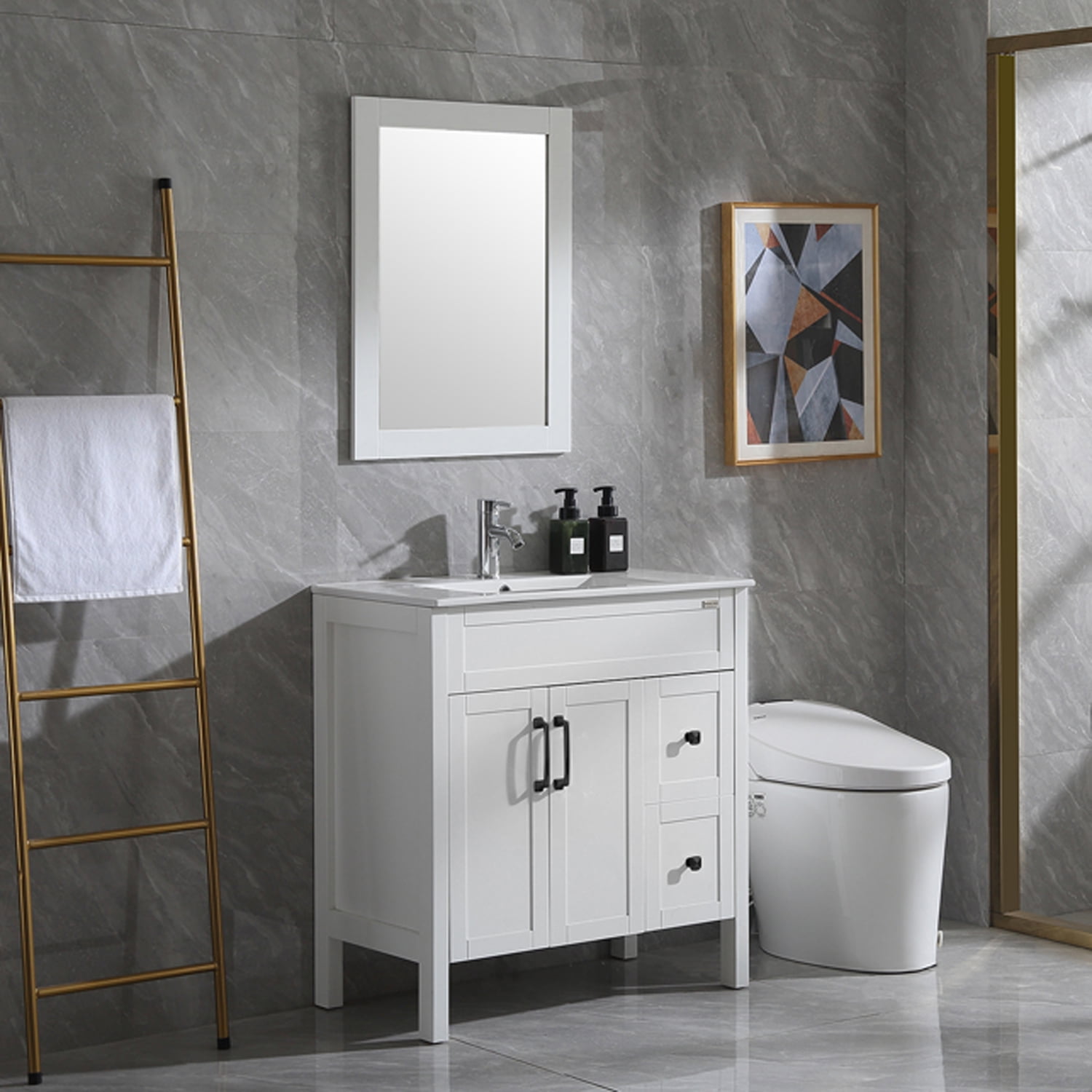 Wonline 32 Inch White Square Bathroom Vanity Cabinet Solid Wood Modern Design Mirror Vanity Only
