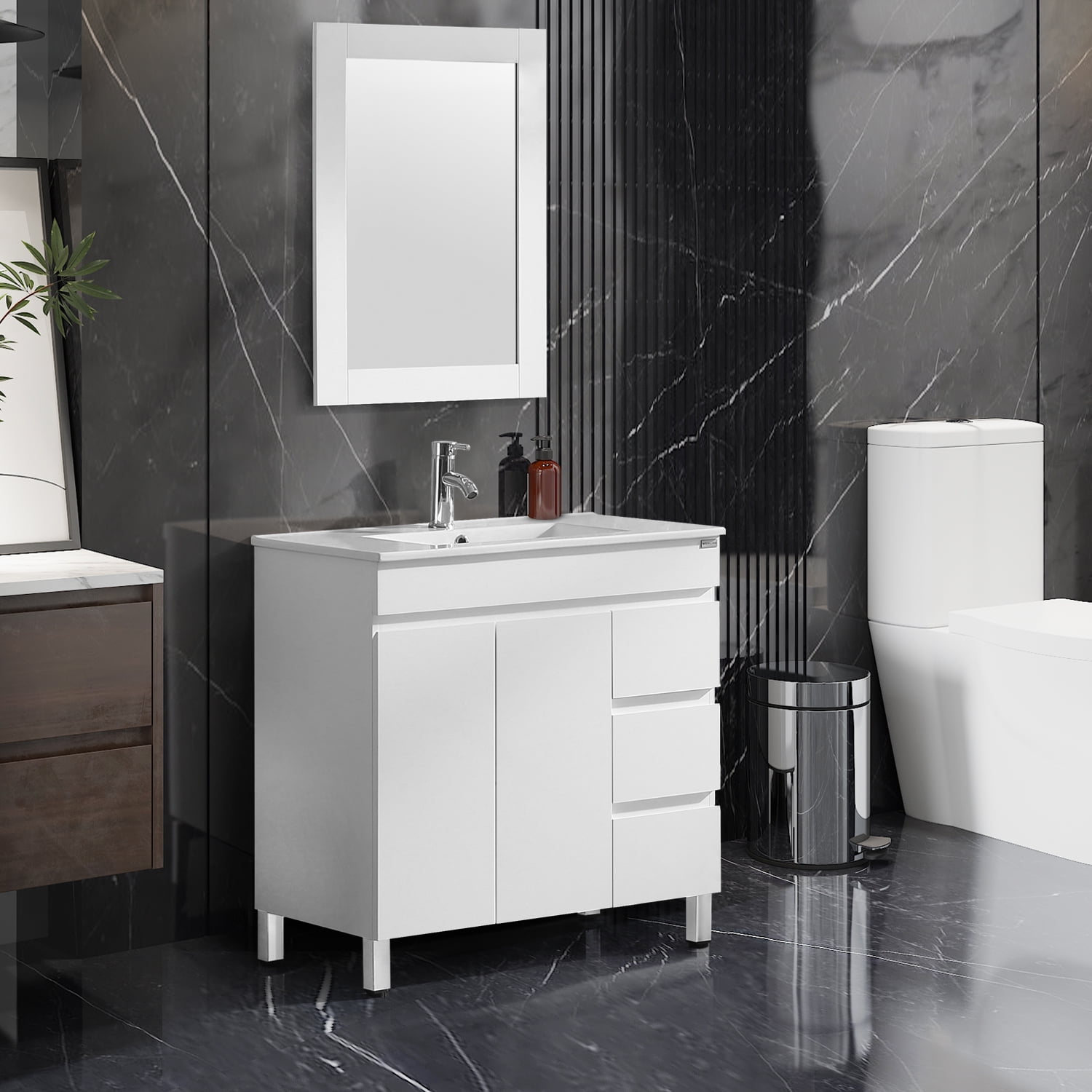 Wonline 32 in. White Bath Vanity Ceramic Top Sink Wood Bathroom Cabinet with Mirror Faucet Modern White