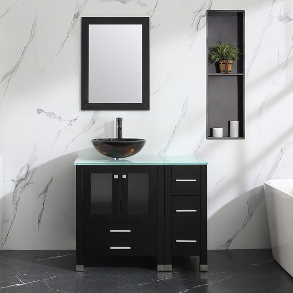 Wonline 36" Bathroom Vanity Cabinets W/ Tempered Glass Vessel Sink /Countertop /Mirror Black