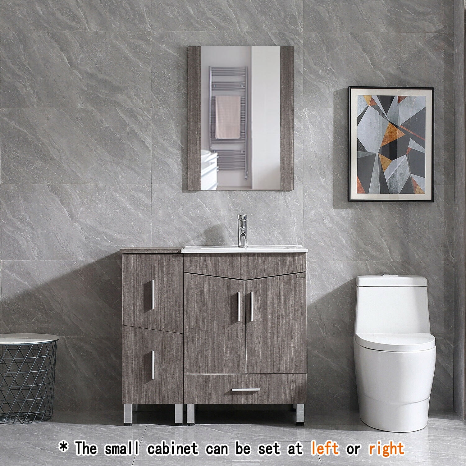 Wonline 36" Bathroom Vanity in Light Brown with Ceramic Base with Sink Faucet Drawers Wood Bath ...