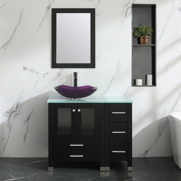 Wonline 36" Black Bathroom Vanity with Sink Combo Cabinet Tempered Glass Vessel Sink Bowl Faucet Drain Combo