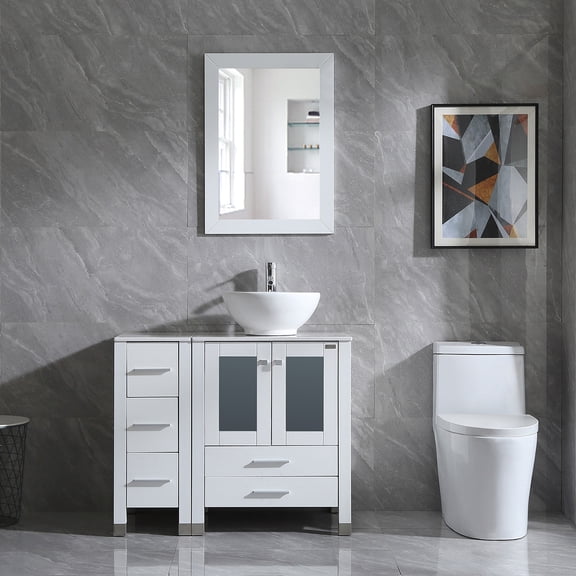 Wonline 36" Double Bathroom Vanity Set with Mable Pattern Top Mirror White, Fan-shaped Bowl