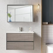 Wonline 36" Floating Bathroom Vanity with Sink Undermount Vanity Cabinet Modern Single Faucet and Mirror Matte Brown