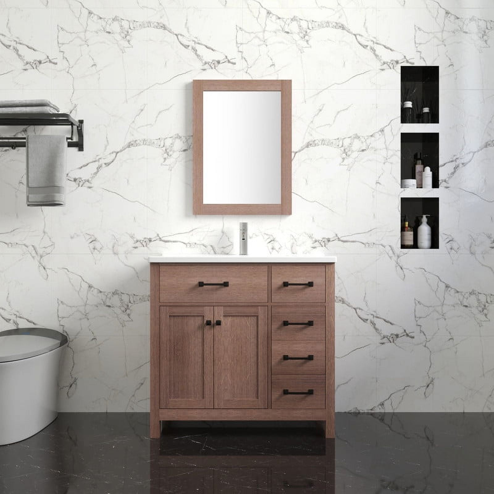 Wonline 36" Luxurious Bathroom Vanity Cabinet with Sink Combo Set，Undermount Ceramic Sink w/Thickened Wood,Faucet,Mirror,Brown