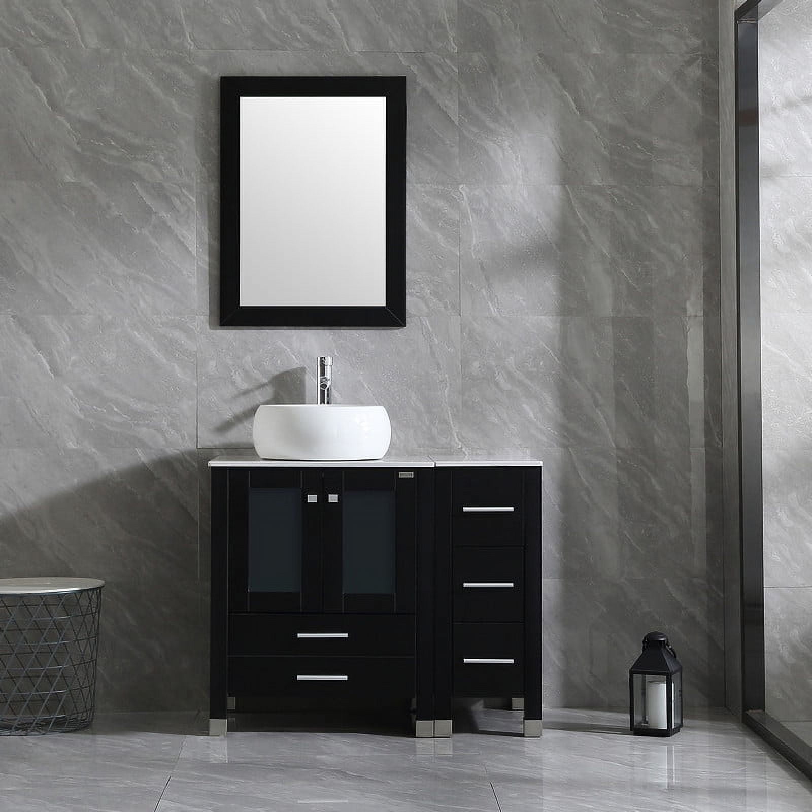 Wonline 36" Luxurious Bathroom Vanity and Sink Combo Wood Cabinet Top Round Ceramic Vessel Sink Faucet Drain Combo with Mirror Vanities Set,Black