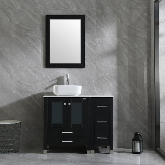 Wonline 36" Luxurious Bathroom Vanity and Sink Combo Wood Cabinet Top Round Ceramic Vessel Sink Faucet Drain Combo with Mirror Vanities Set,Black