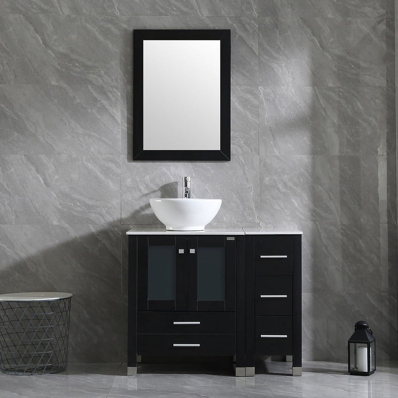 Wonline 36" Luxurious Bathroom Vanity and Sink Combo Wood Cabinet Top Round Ceramic Vessel Sink Faucet Drain Combo with Mirror Vanities Set,Black