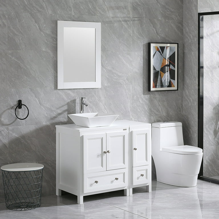 Wonline 36 White Bathroom Vanity Cabinet and Ceramic Vessel Sink, Equipped  with Chrome Faucet Drain and Mirror Vanities Set