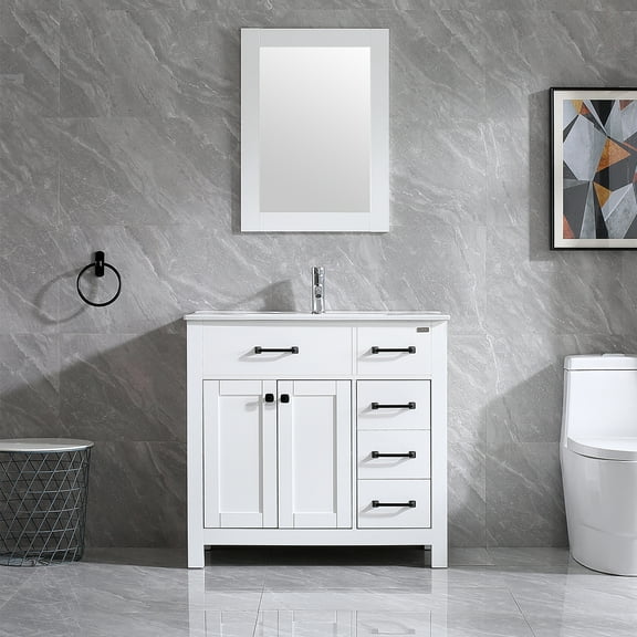 Wonline 36" White Bathroom Vanity Cabinet with Sink in Ceramic Vessel , Equipped with Chrome Faucet Drain and Mirror Vanities Set