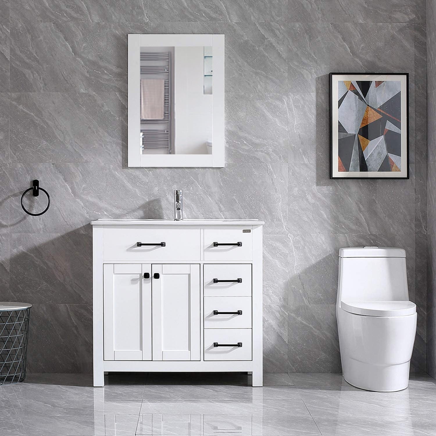 Wonline 36" White Bathroom Vanity Wood Cabinet and Mirror Vanities Set Free Standing Vanity Only