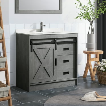 Wonline 36 in Smoky Gray Bathroom Vanity Set with Sliding Barn Door and Mirror