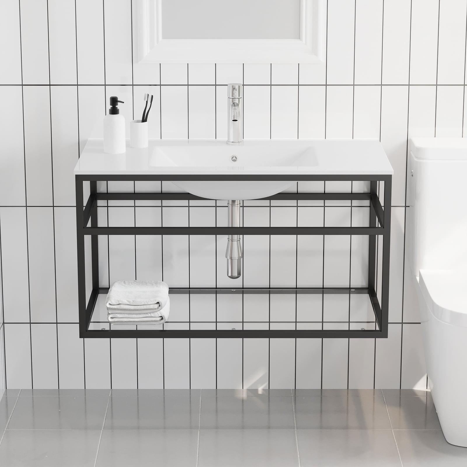 Wonline 36 in. Wall Mounted Bathroom Vanity with Sink, Single Floating Bathroom Vanity Set, Open Shelf \u0026 Iron Frame in Black, Come with Faucet \u0026 Drain