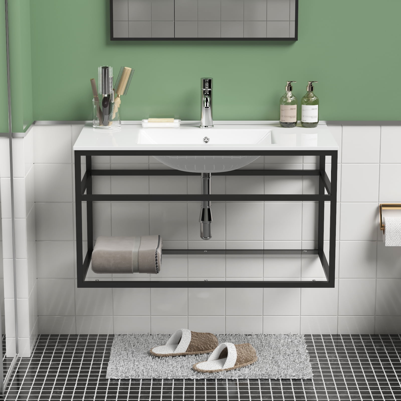36 Bathroom Vanity Sink Combo with Laundry Hamper - Black
