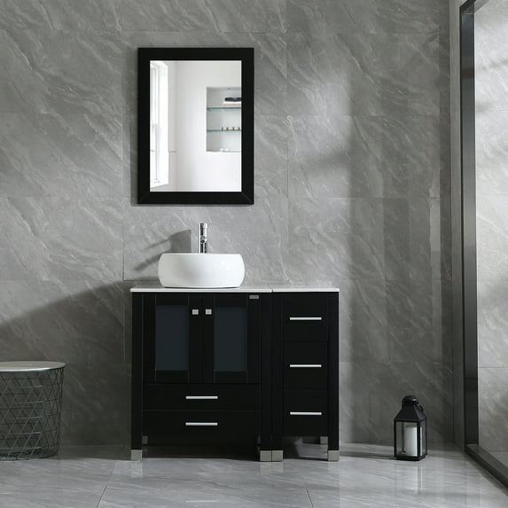 Wonline 36 inch Bathroom Vanity Wood Cabinet Double Circular Ceramic Vessel Sink Round Above Counter Bowl Bathroom Cabinet W/ Mirror Black