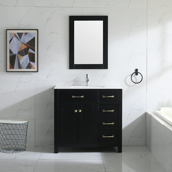 Wonline 36inch Bathroom Vanity Cabinet Modern Design Drawer and Mirror Black