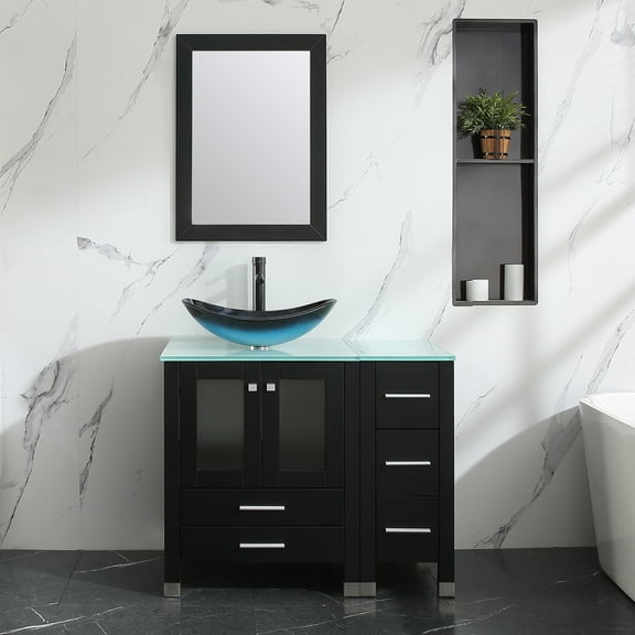 Wonline 36inch Bathroom Vanity with Sink Combo Modern Black Cabinet Tempered Glass Vessel Sink Bowl Faucet Drain Combo