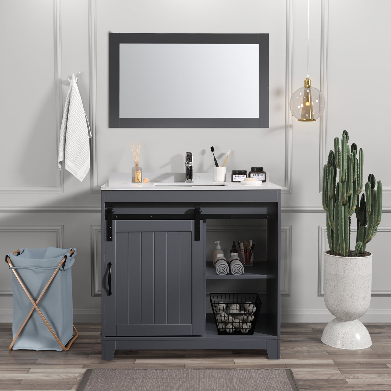 Wonline 36 inch Bathroom Vanity Cabinet Satin Nickel Hardware Vanity Set Gray 2 Soft Closing Doors and 5 Full Extension Drawers Vanity Only, Size