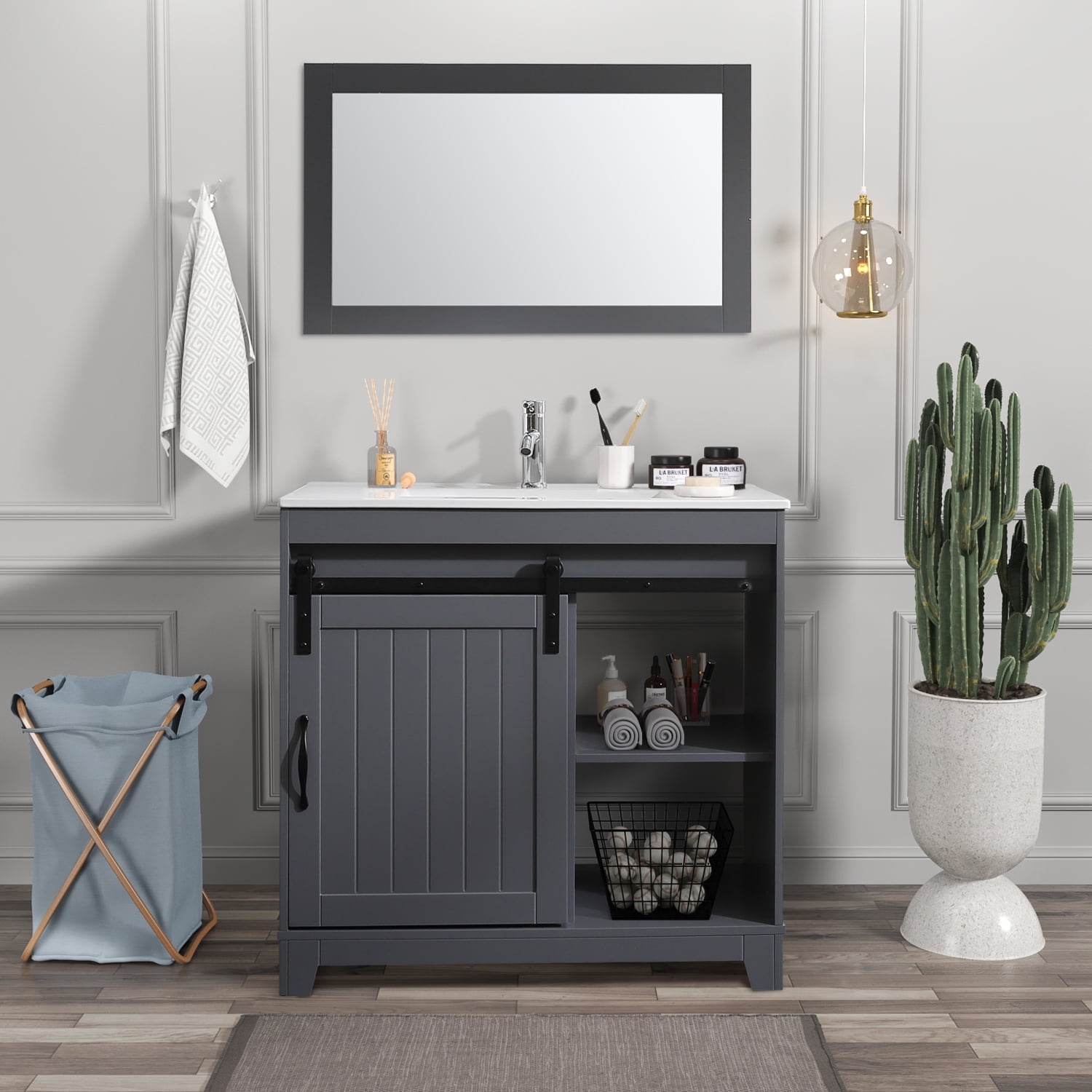 Wonline 36inch Grey Bathroom vanity with Sink counter top Set Barn Door  Farmhouse Bath Vanity with Mirror and Faucet for Modern Style - Walmart.com, image size:1500x1500