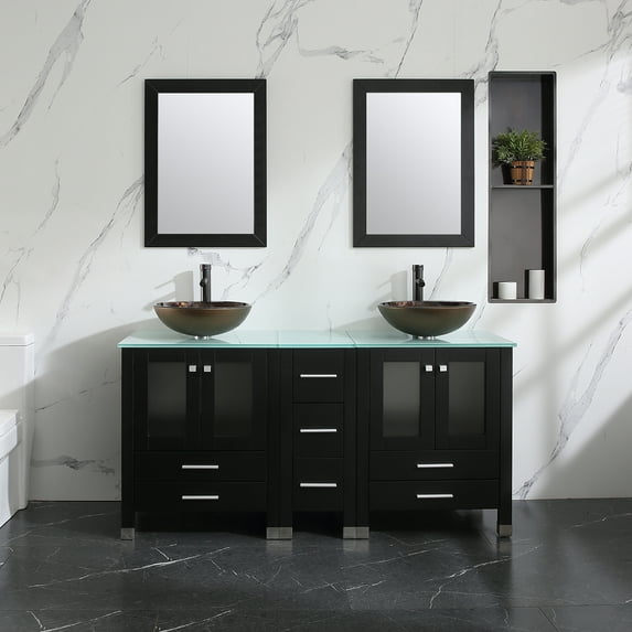 Wonline 60" Bathroom Vanity Plywood Cabinet Double Glass Vessel Sink Faucet Drain Set