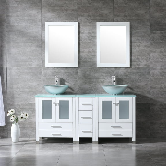 Wonline 60" Bathroom Vanity White Cabinet w/ Modern Double Sink Faucet Combo&Glass Top