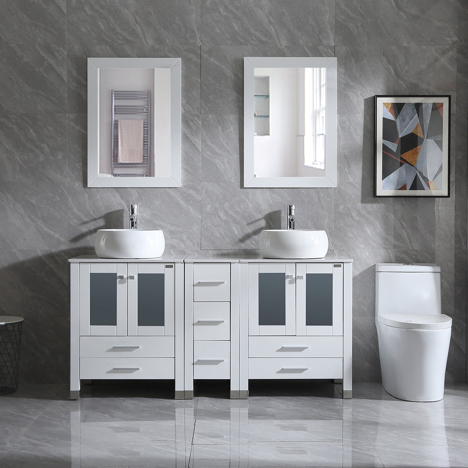 Wonline 60" Bathroom Vanity Wood Cabinet Double Ceramic Sink w/ Mirror White