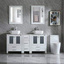 Wonline 60" Bathroom Vanity Wood Cabinet Double Ceramic Sink w/ Mirror White