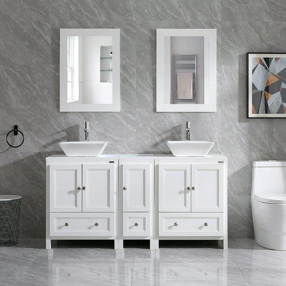 Wonline 60" Bathroom Vanity Wood Cabinet Double Rectangle Ceramic Sink w/ Mirror White