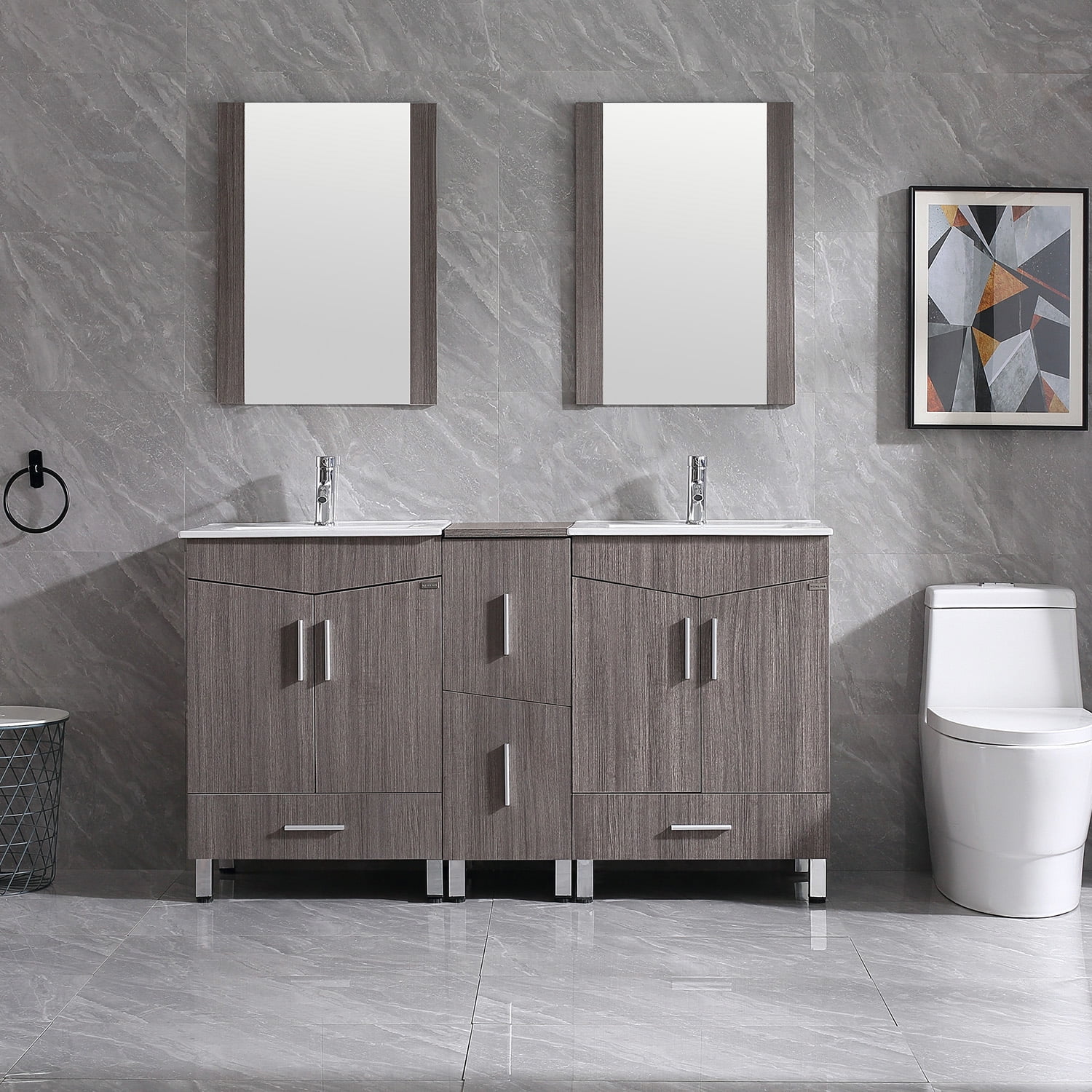 U-Eway 48 Bathroom Vanity Modern Pedestal Cabinet Set, MDF Wood 20-inch  Deep,Countertop,1 Main Cabinet 2-Doors and 2-Drawers with Mirror,2 x Side