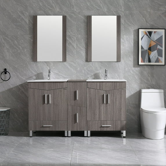 Wonline 60" Bathroom Vanity Wood Cabinet w/ Double White Sink &Faucet Shaker Vanity Base