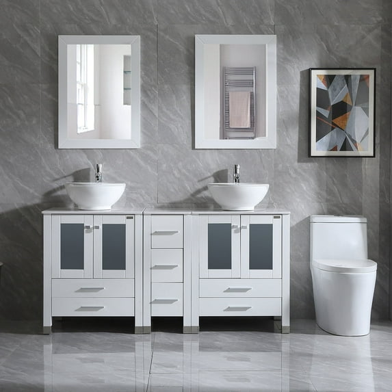 Wonline 60" Bathroom Wood Vanity Set White Bathroom Cabinet with Sink&Mirror