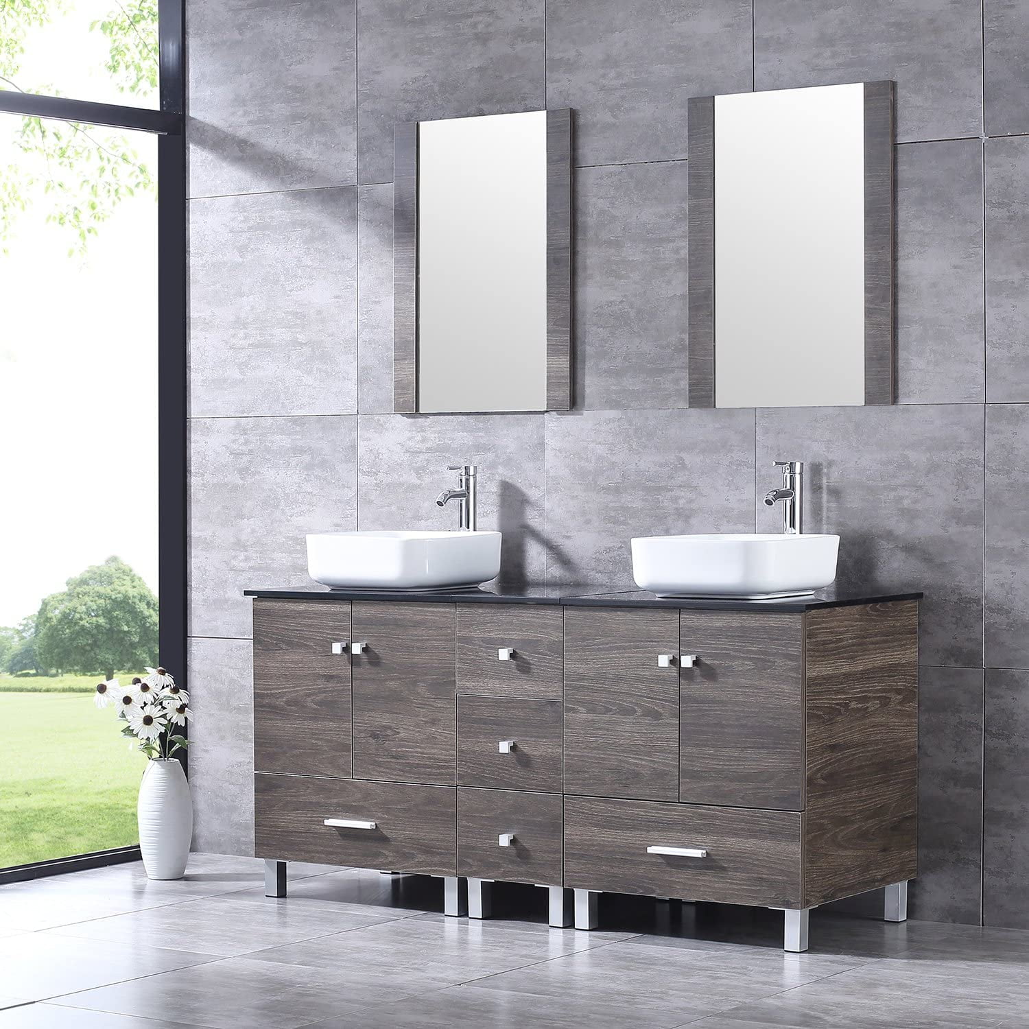 REALN Modern Bathroom Vanity with Ceramic Basin, Gray Storage Cabinet with  Soft Closing, Cold and Hot Faucet Sink Combo,with Mirror Bathroom Sink