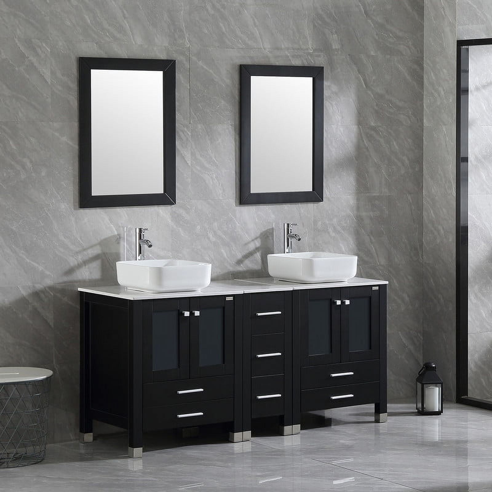 Wonline 60" Luxurious Bathroom Vanity and Sink Combo Wood Cabinet Top Round Ceramic Vessel Sink Faucet Drain Combo with Mirror Vanities Set,Black
