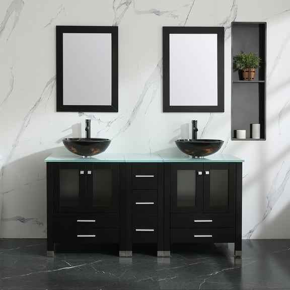 Wonline 60" Modern Design Solid Wood Bathroom Vanity Cabinets w/Vessel Sinks & Mirrors