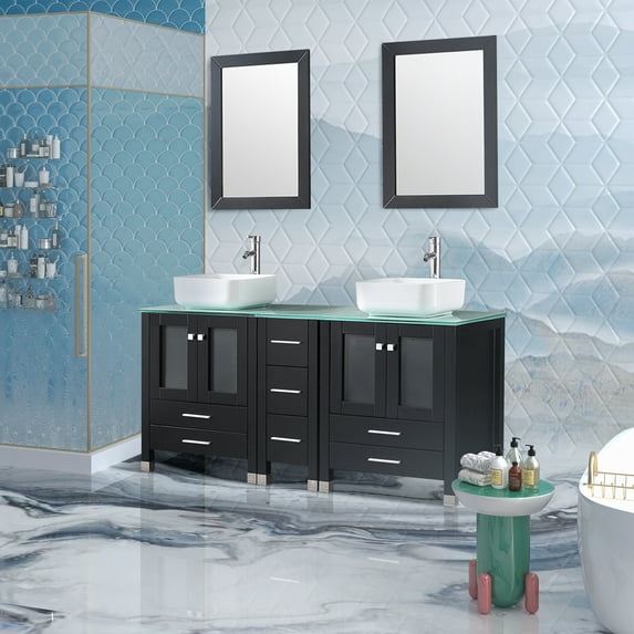 Wonline 60” Modern Wood Bathroom Vanity Cabinet White Round Ceramic Vessel Sink Top Free Faucet Drain Combo with Mirror Shape 3