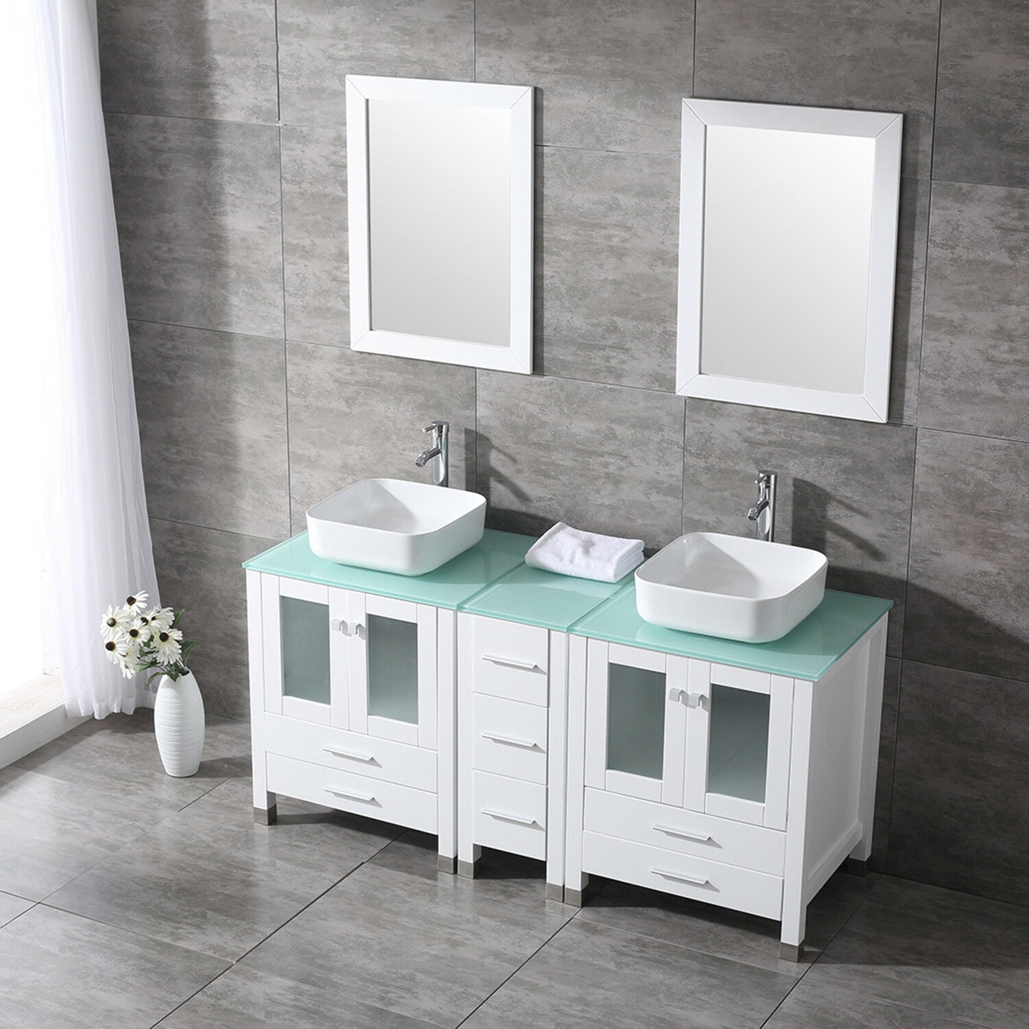 Wonline 60-inch Modern Bathroom Vanity with Double Vessel Sinks, 2 Doors and 3 Drawers, White
