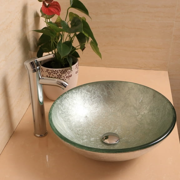 Wonline Bathroom Foil Tempered Glass Vessel Sink With Faucet and Pop-up Drain