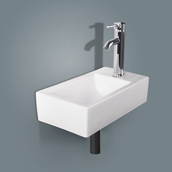 Wonline Bathroom Wall Mount Rectangle Corner Single Sink White Porcelain Ceramic Vessel Sink & Chrome Faucet Combo without P-Trap